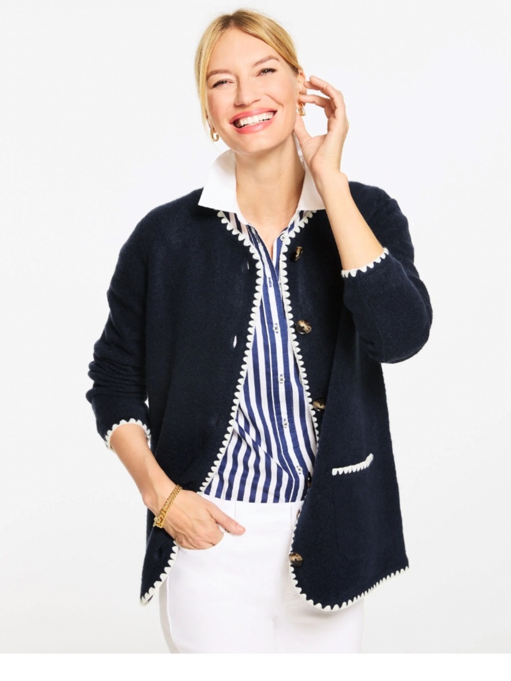 Talbots Crew Neck Cardigan Navy Blue Large